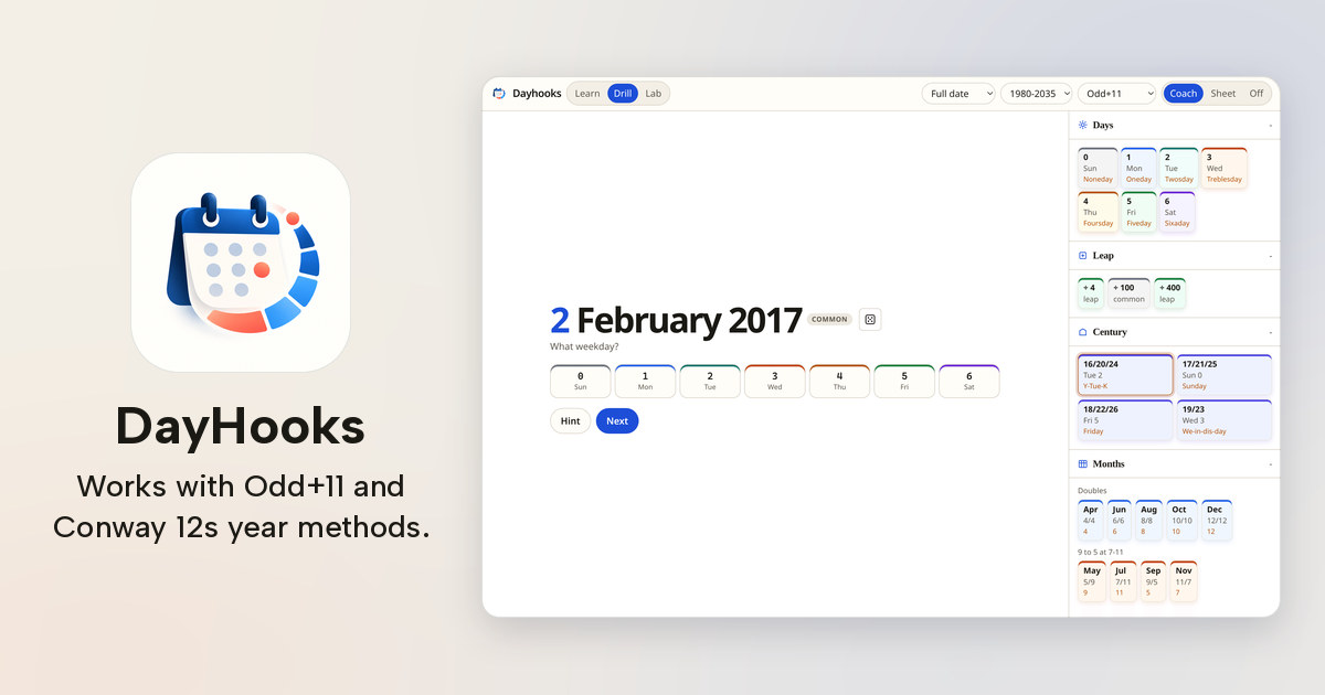 DayHooks: learn any date's weekday in your head