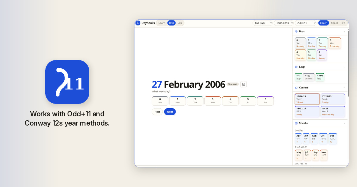 DayHooks: learn any date's weekday in your head